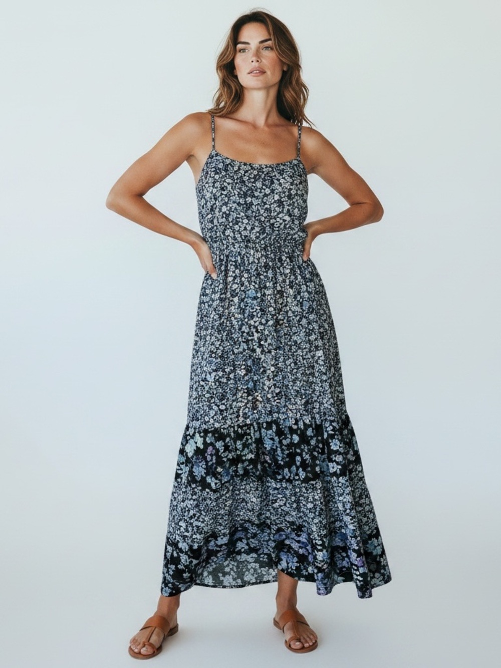 ELLE Ruffled Maxi Sundress Small S Floral Blue Black Mixed Print Tiered Lined